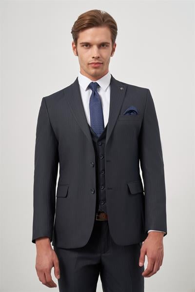 Koyu Lacivert Kılıç Yaka Yelekli 6 Drop Slim Fit Classic Takım Elbise 1001245154