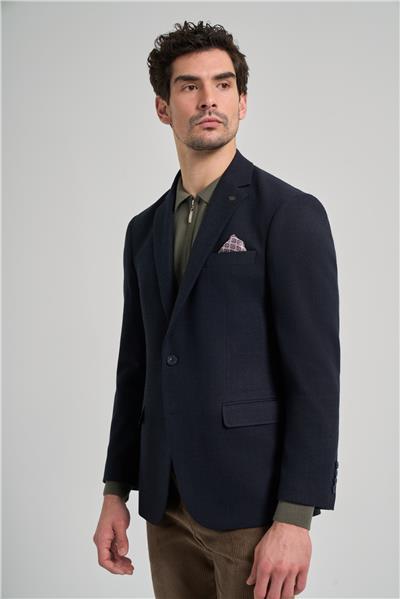 Koyu Lacivert Kendinden Çizgili Desen 4 Drop Comfort Fit Casual Esnek Ceket 1002245168