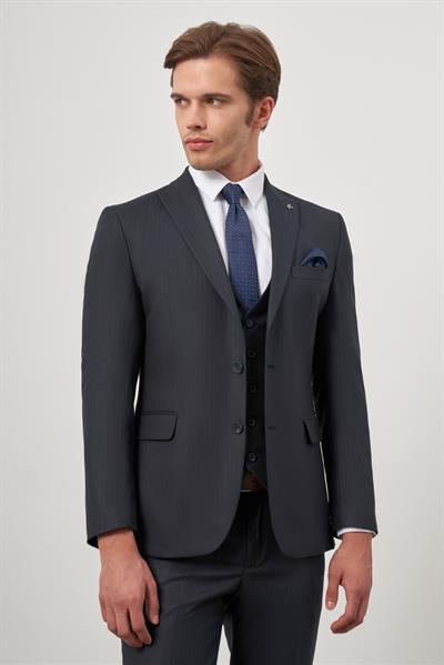 Koyu Lacivert Kılıç Yaka Yelekli 6 Drop Slim Fit Classic Takım Elbise 1001245154