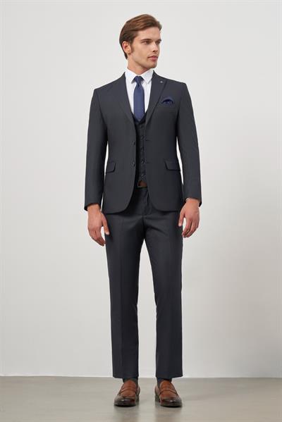 Koyu Lacivert Kılıç Yaka Yelekli 6 Drop Slim Fit Classic Takım Elbise 1001245154