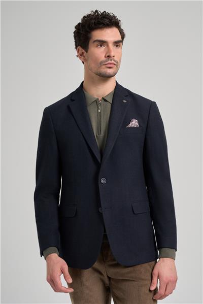 Koyu Lacivert Kendinden Çizgili Desen 4 Drop Comfort Fit Casual Esnek Ceket 1002245168