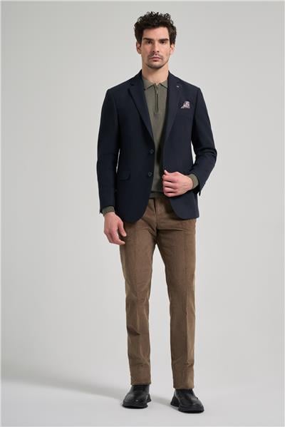 Koyu Lacivert Kendinden Çizgili Desen 4 Drop Comfort Fit Casual Esnek Ceket 1002245168