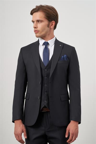 Koyu Lacivert Kılıç Yaka Yelekli 6 Drop Slim Fit Classic Takım Elbise 1001245156