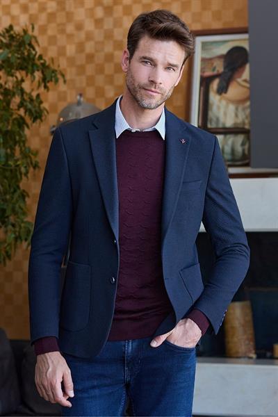 Koyu Lacivert Gofreli Mono Yaka 6 Drop Slim Fit Classic Ceket 1002245158