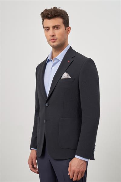 Koyu Lacivert Gofreli Mono Yaka 6 Drop Slim Fit Classic Ceket 1002245158