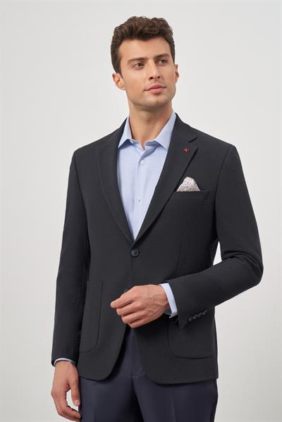 Koyu Lacivert Gofreli Mono Yaka 6 Drop Slim Fit Classic Ceket 1002245158