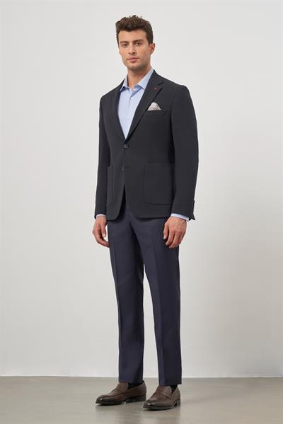 Koyu Lacivert Gofreli Mono Yaka 6 Drop Slim Fit Classic Ceket 1002245158