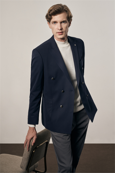 Koyu Lacivert Kılıç Yaka Pamuklu 6 Drop Slim Fit Classic Kruvaze Ceket 1002255113