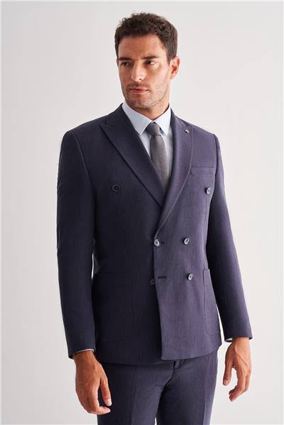 Koyu Lacivert Kılıç Yaka Tam Astar 6 Drop Slim Fit Esnek Kruvaze  Takım Elbise 1001255155
