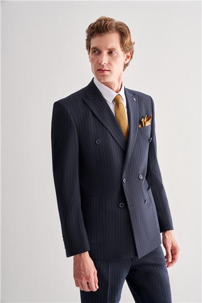 Lacivert Kılıç Yaka Tam Astar 6 Drop Slim Fit Esnek Kruvaze  Takım Elbise 1001255154