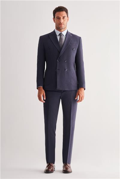 Koyu Lacivert Kılıç Yaka Tam Astar 6 Drop Slim Fit Esnek Kruvaze  Takım Elbise 1001255155