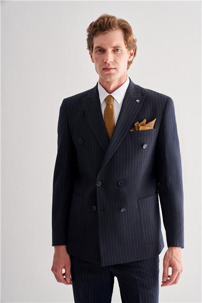 Lacivert Kılıç Yaka Tam Astar 6 Drop Slim Fit Esnek Kruvaze  Takım Elbise 1001255154