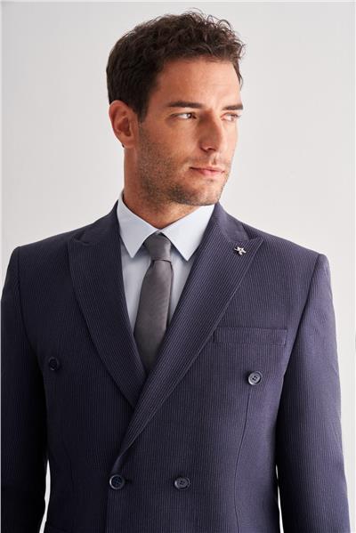 Koyu Lacivert Kılıç Yaka Tam Astar 6 Drop Slim Fit Esnek Kruvaze  Takım Elbise 1001255155