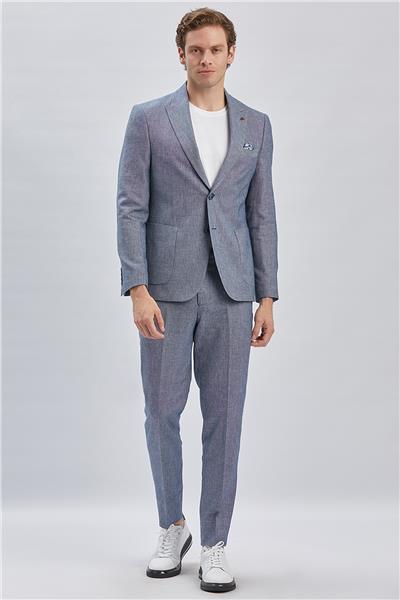 Koyu Lacivert Kırlangıç Yaka Pamuklu Keten 6 Drop Slim Fit Dar Kesim Klasik Takım Elbise 1001240103