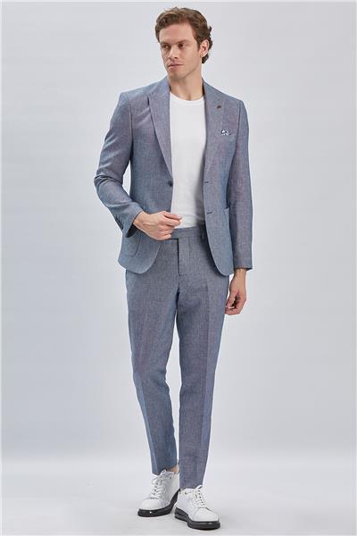 Koyu Lacivert Kırlangıç Yaka Pamuklu Keten 6 Drop Slim Fit Dar Kesim Klasik Takım Elbise 1001240103