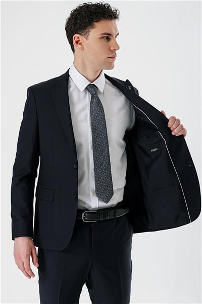 Koyu Lacivert Kırlangıç Yaka Yünlü Likralı 6 Drop Slim Fit Dar Kesim Klasik Takım Elbise 1001240158