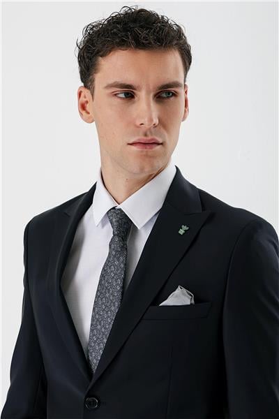 Koyu Lacivert Kırlangıç Yaka Yünlü Likralı 6 Drop Slim Fit Dar Kesim Klasik Takım Elbise 1001240158