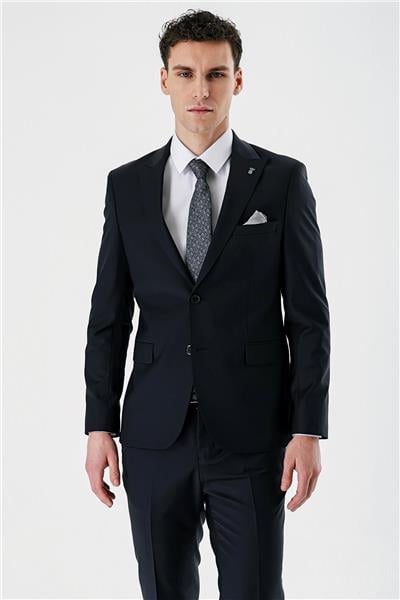 Koyu Lacivert Kırlangıç Yaka Yünlü Likralı 6 Drop Slim Fit Dar Kesim Klasik Takım Elbise 1001240158