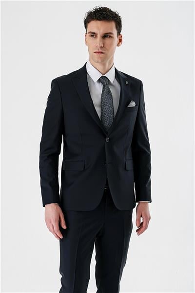 Koyu Lacivert Kırlangıç Yaka Yünlü Likralı 6 Drop Slim Fit Dar Kesim Klasik Takım Elbise 1001240158