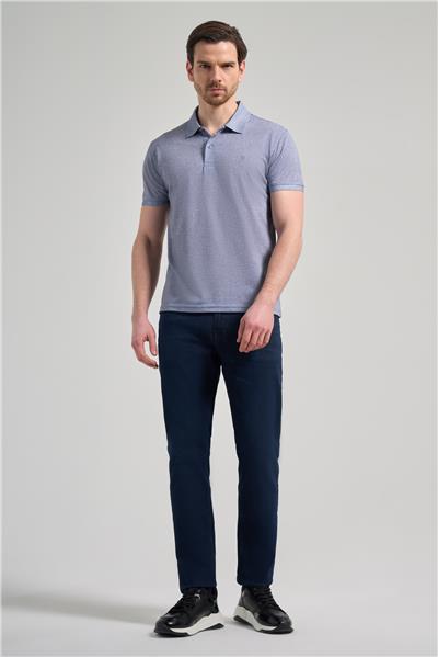 Koyu Lacivert Kısa Kol Baskılı Pike Polo Yaka Cepsiz esnek Casual Slim Fit Tişört 1011250151