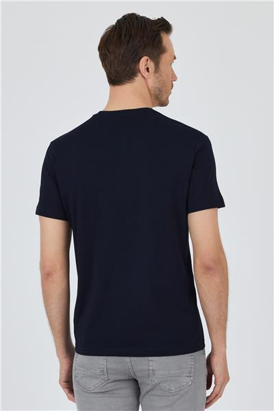 Koyu Lacivert Kısa Kol Bisiklet Yaka Cepsiz Pamuk Casual Slim Fit Tişört 1011250158