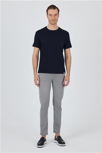 Koyu Lacivert Kısa Kol Bisiklet Yaka Cepsiz Pamuk Casual Slim Fit Tişört 1011250158