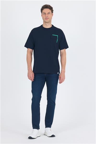 Koyu Lacivert Kısa Kol Bisiklet Yaka Kapaklı Cep Pamuk Casual Oversize Tişört 1011250131