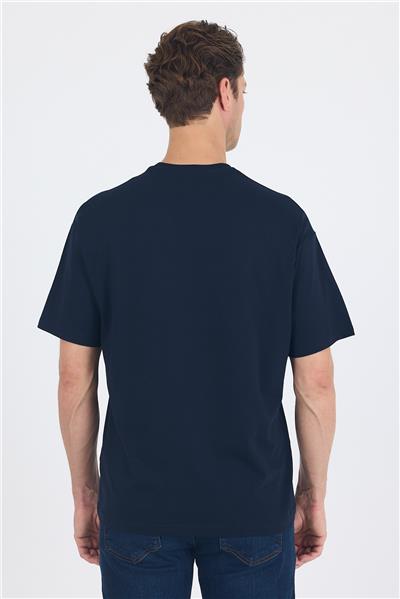 Koyu Lacivert Kısa Kol Bisiklet Yaka Kapaklı Cep Pamuk Casual Oversize Tişört 1011250131