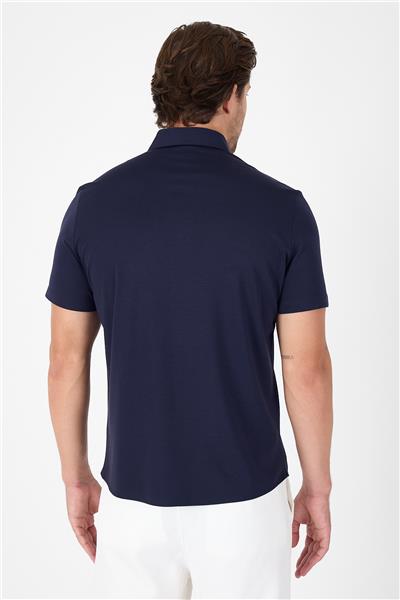 Lacivert Kısa Kol Düğmeli Yaka Cepsiz Performans Ürün Slim Fit  Gömlek 1004250256