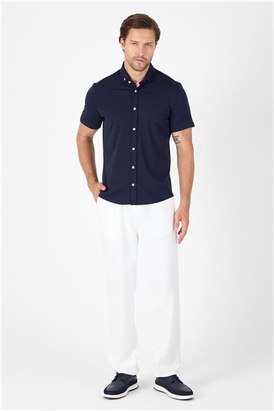 Lacivert Kısa Kol Düğmeli Yaka Cepsiz Performans Ürün Slim Fit  Gömlek 1004250256