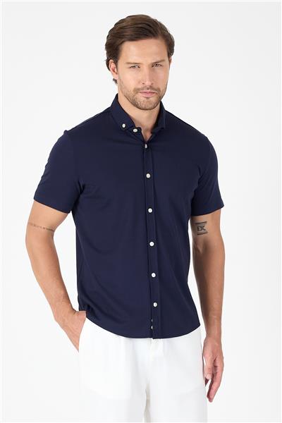 Lacivert Kısa Kol Düğmeli Yaka Cepsiz Performans Ürün Slim Fit  Gömlek 1004250256
