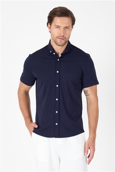 Lacivert Kısa Kol Düğmeli Yaka Cepsiz Performans Ürün Slim Fit  Gömlek 1004250256