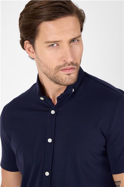 Lacivert Kısa Kol Düğmeli Yaka Cepsiz Performans Ürün Slim Fit  Gömlek 1004250256