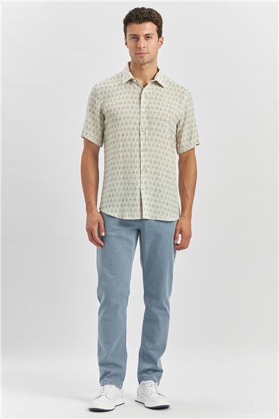 Koyu Lacivert Kısa Kollu Baskılı Düğmeli Yaka Keten Casual Slim Fit Dar Kesim Gömlek 1004240241