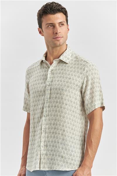 Koyu Lacivert Kısa Kollu Baskılı Düğmeli Yaka Keten Casual Slim Fit Dar Kesim Gömlek 1004240241
