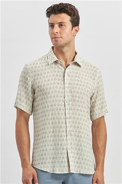 Koyu Lacivert Kısa Kollu Baskılı Düğmeli Yaka Keten Casual Slim Fit Dar Kesim Gömlek 1004240241
