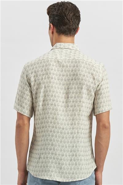Koyu Lacivert Kısa Kollu Baskılı Düğmeli Yaka Keten Casual Slim Fit Dar Kesim Gömlek 1004240241