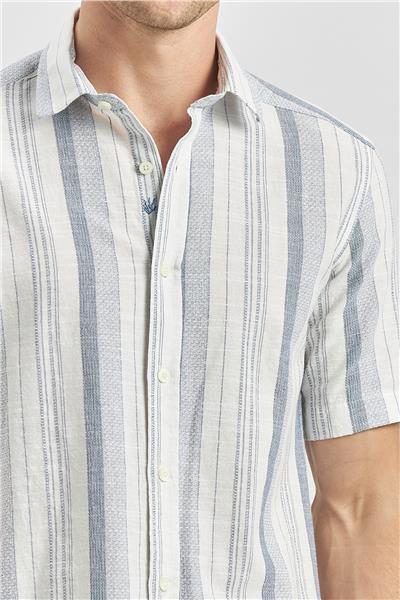 Koyu Lacivert Kısa Kollu Çizgili Armürlü Pamuklu Casual Slim Fit Dar Kesim Gömlek 1004240243