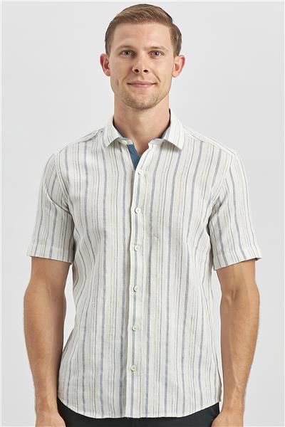 Lacivert Kısa Kollu Armürlü Garnili Pamuklu Casual Slim Fit Gömlek 1004240244