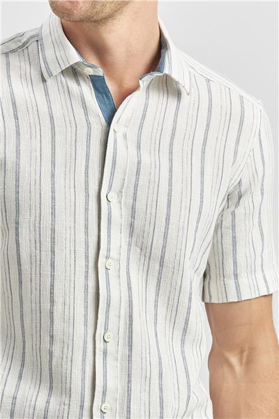 Lacivert Kısa Kollu Armürlü Garnili Pamuklu Casual Slim Fit Gömlek 1004240244