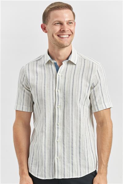 Lacivert Kısa Kollu Armürlü Garnili Pamuklu Casual Slim Fit Gömlek 1004240244