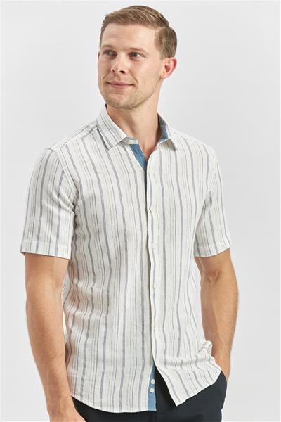 Lacivert Kısa Kollu Armürlü Garnili Pamuklu Casual Slim Fit Gömlek 1004240244