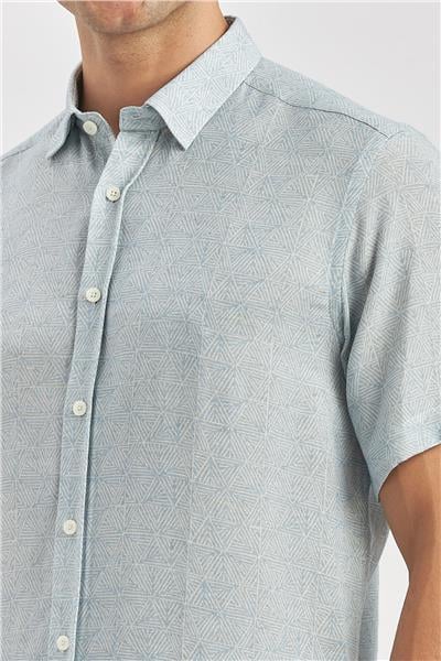 Lacivert Kısa Kollu Düğmeli Yaka Keten Karışımlı Slim Fit Gömlek 1004240242