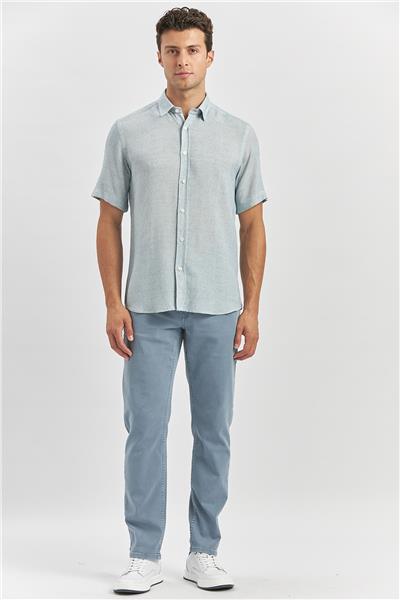 Lacivert Kısa Kollu Düğmeli Yaka Keten Karışımlı Slim Fit Gömlek 1004240242