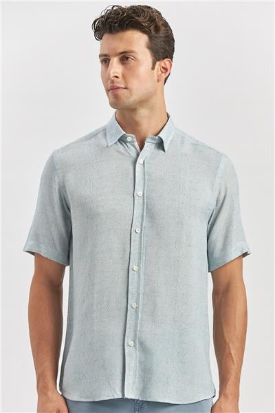Lacivert Kısa Kollu Düğmeli Yaka Keten Karışımlı Slim Fit Gömlek 1004240242
