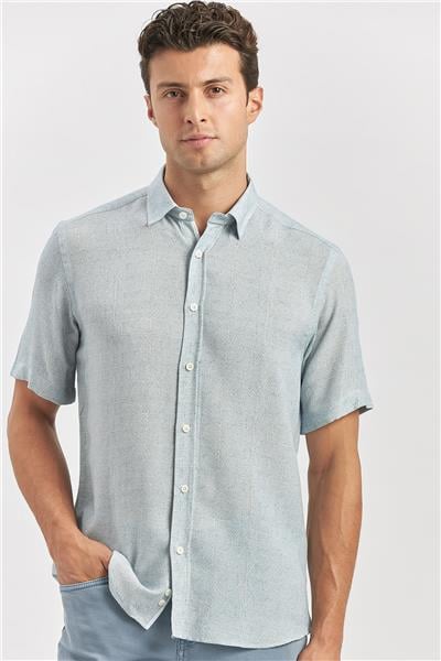 Lacivert Kısa Kollu Düğmeli Yaka Keten Karışımlı Slim Fit Gömlek 1004240242
