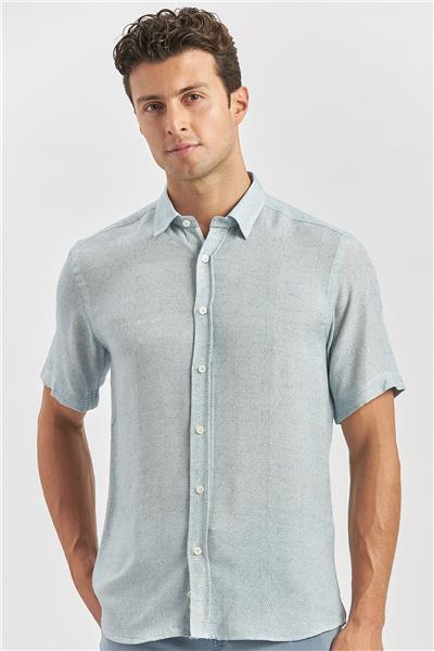 Lacivert Kısa Kollu Düğmeli Yaka Keten Karışımlı Slim Fit Gömlek 1004240242