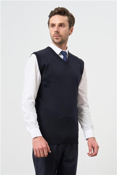 Koyu Lacivert Düz Örme V Yaka Classic Comfort Fit Triko 1012245003