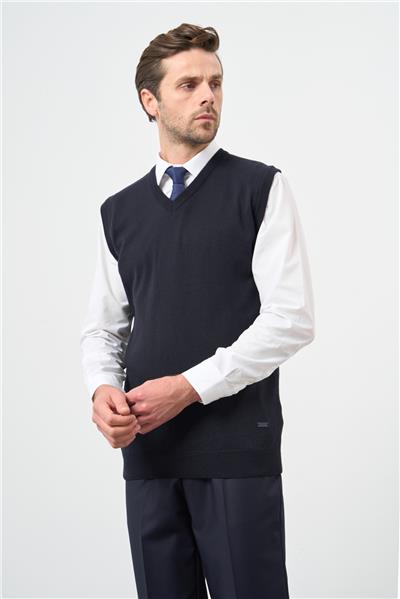 Koyu Lacivert Düz Örme V Yaka Classic Comfort Fit Triko 1012245003