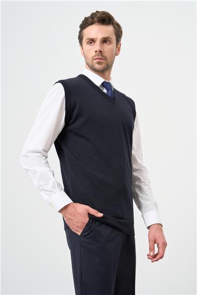 Koyu Lacivert Düz Örme V Yaka Classic Comfort Fit Triko 1012245003